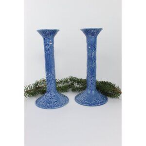 Bordallo Pinheiro Blue Ceramic Candlestick Holders Pair • Portugal Caldas da Rai
